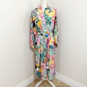 NATORI White Oriental Asian Inspired Print Satin Kimono Long Robe Small